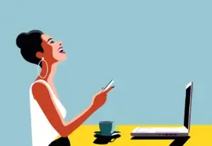 Image from the original article. Shows a young women with a laptop and cup of coffee.